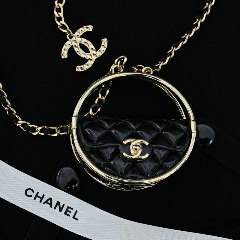 18K Chanel Black Bag Long Leather Necklace