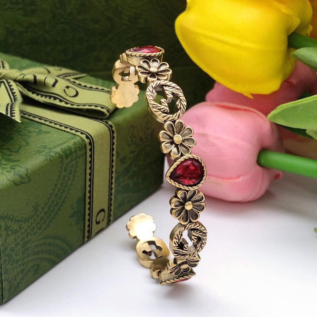 18K Gucci Flowers Red Crystals Open Cuff Bracelet