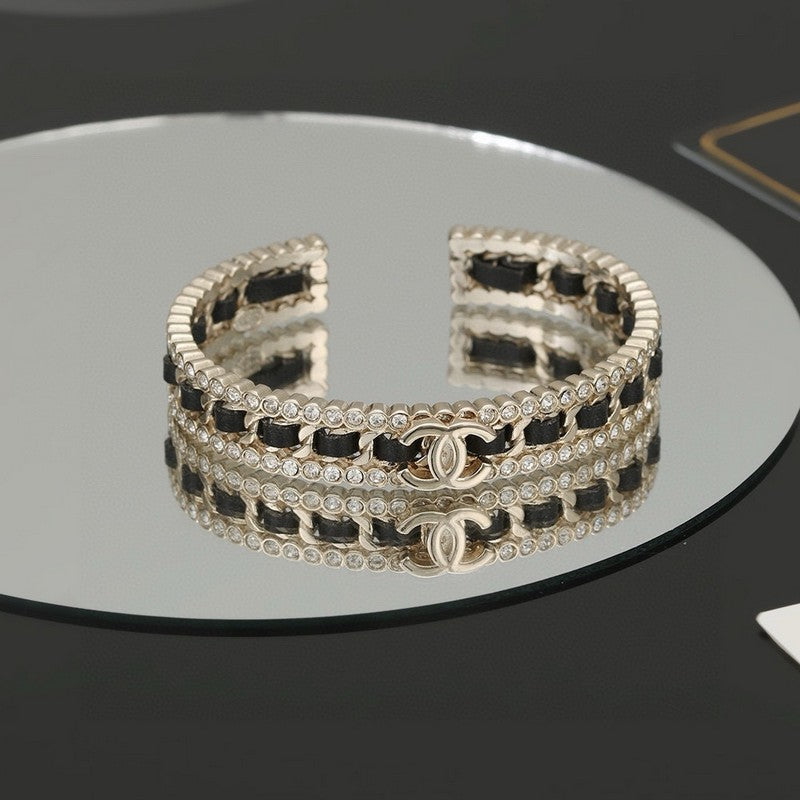 18K Chanel Black Leather Open Cuff Bracelet