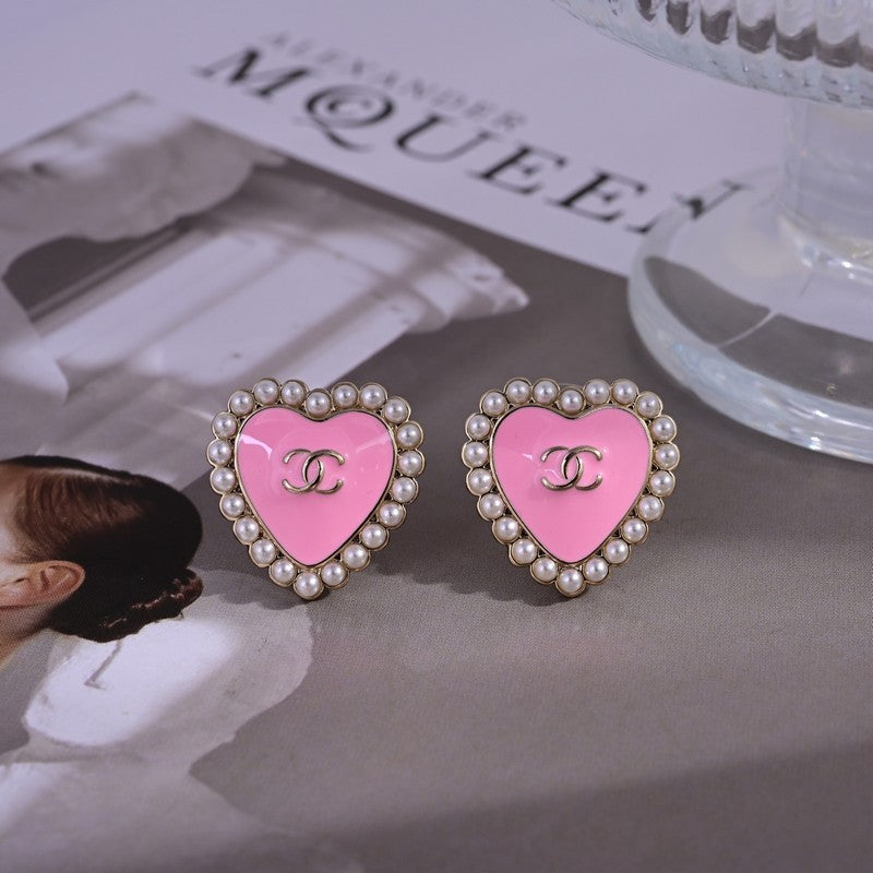18K Chanel Pink Heart Pearl Earrings