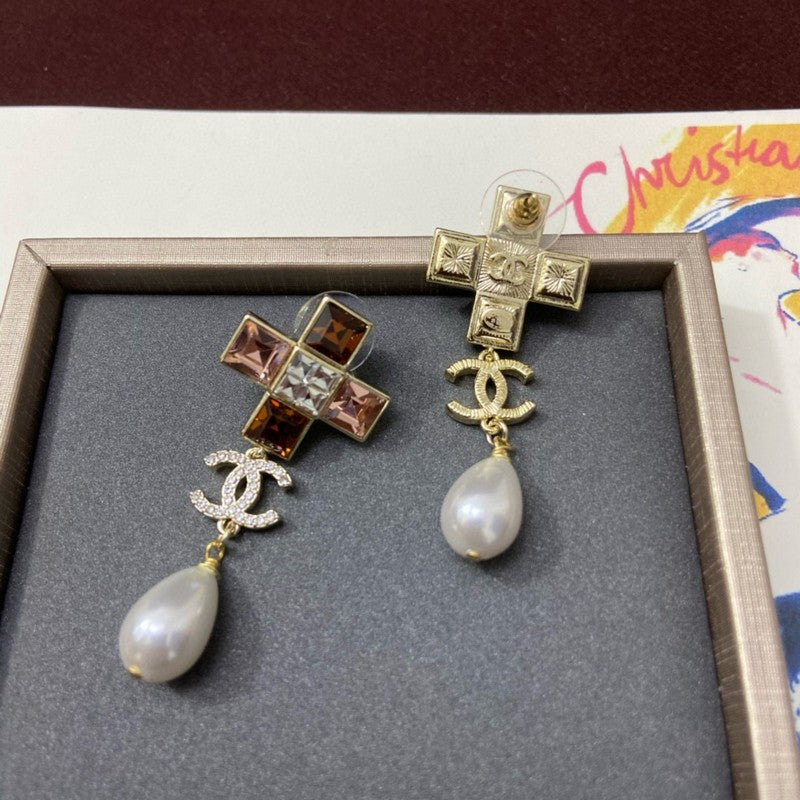 18K Chanel Red Cross Pearl Pendant Earrings