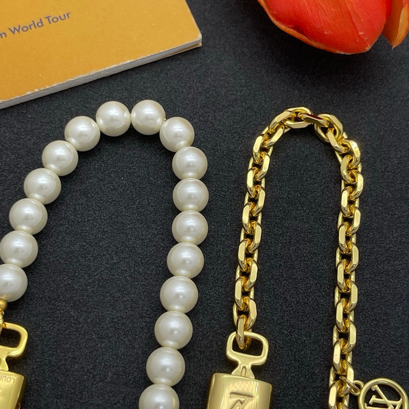 18K Louis Vuitton Pearl & Gold Chain Bracelet Set