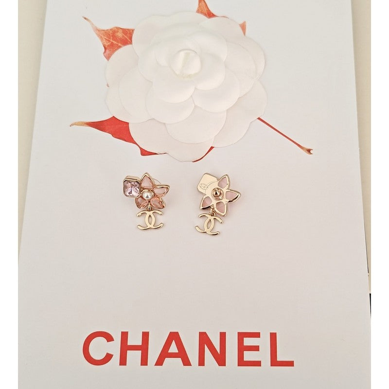 18K Chanel Pink Crystal Flower Drop Earrings