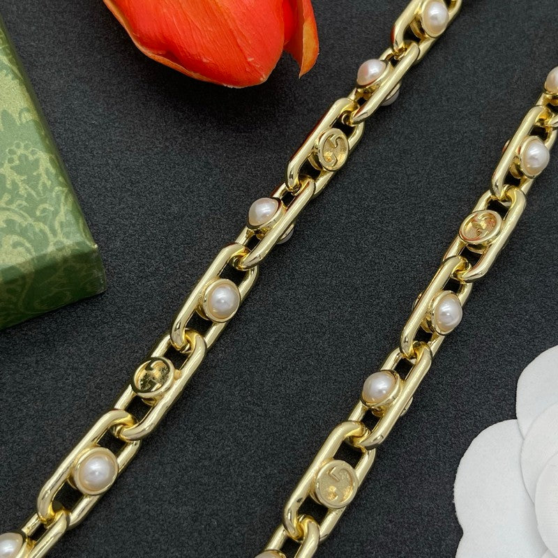 18K Gucci Gold Pearl Chain Necklace