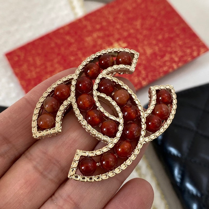 18K Chanel Red & Brown Pearl Gold Brooch