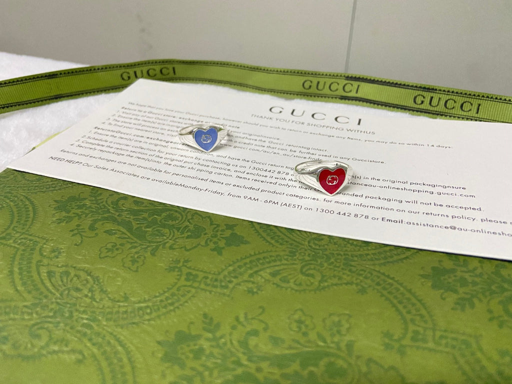 Gucci Interlocking G Blue Enamel Heart Ring