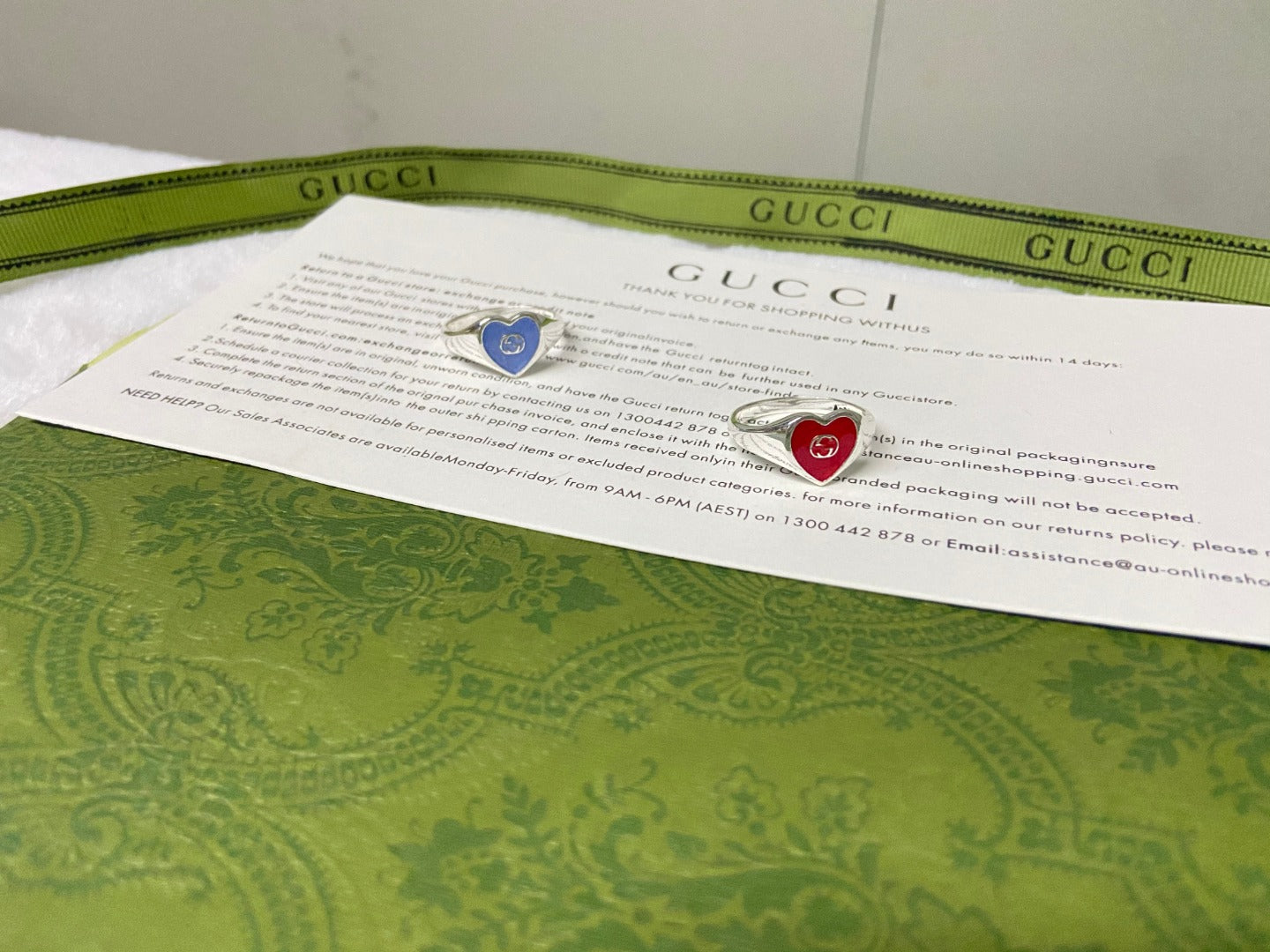 Gucci Interlocking G Blue Enamel Heart Ring