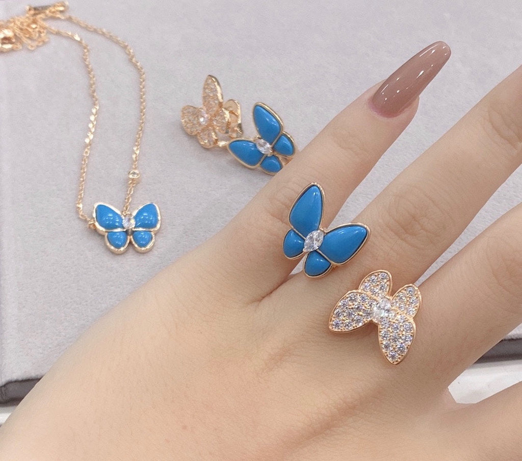 18K Van Cleef & Arpels Two Butterfly Between the Finger Turquoise Ring