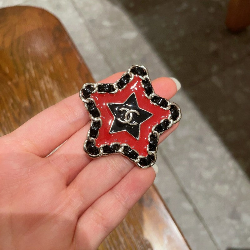 18K Chanel Black & Red Star Leather Brooch