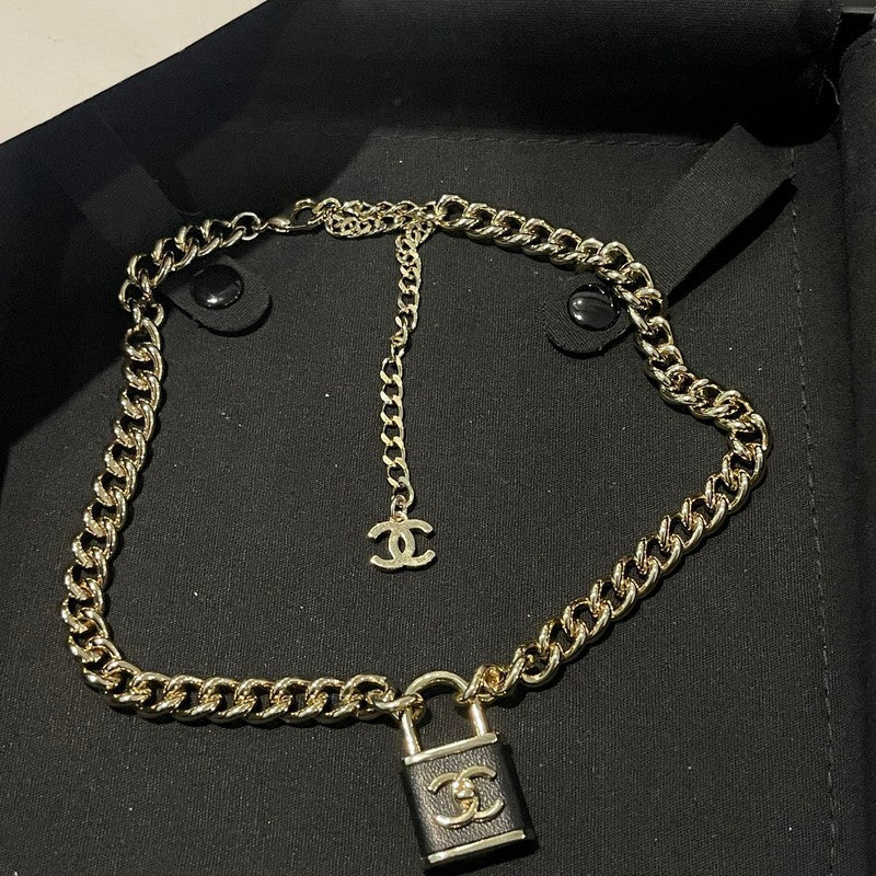 18K Chanel Black Leather Gold Lock Necklace