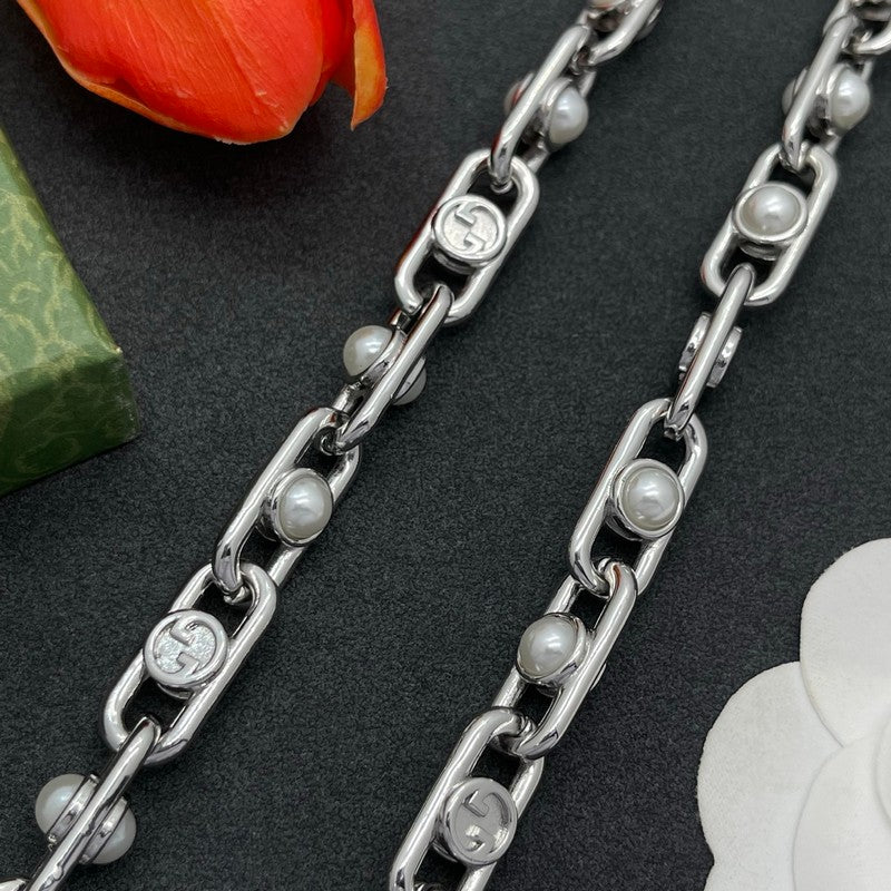 18K Gucci Gold Pearl Chain Necklace