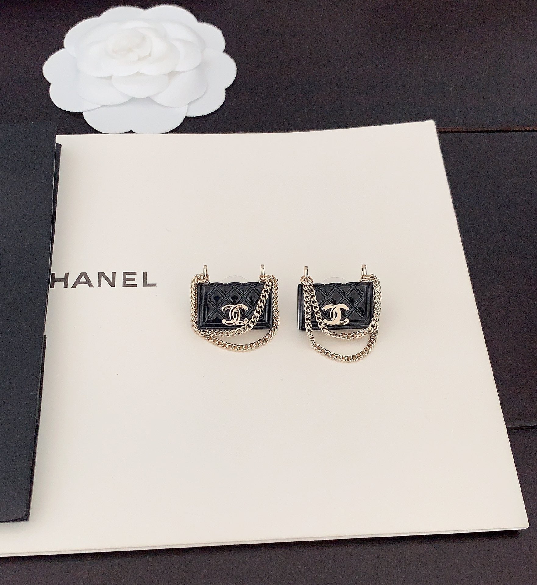 18K Chanel Black Bag Pendant Earrings