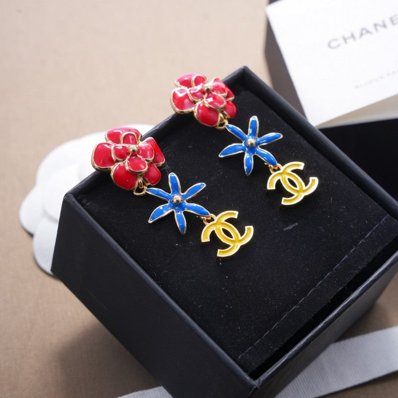 18K Chanel Blue & Red Flower Gold Earrings