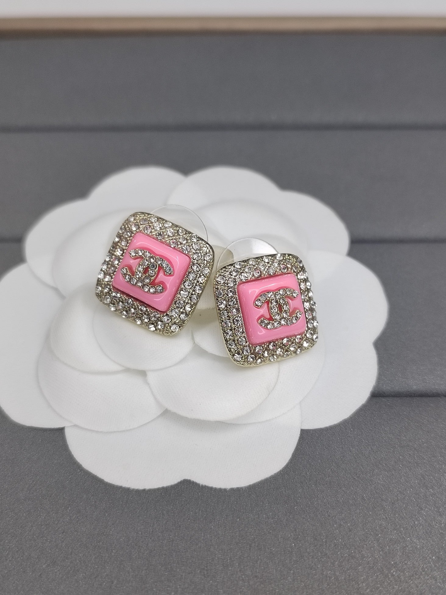 18K Chanel Diamond Square Pink Earrings
