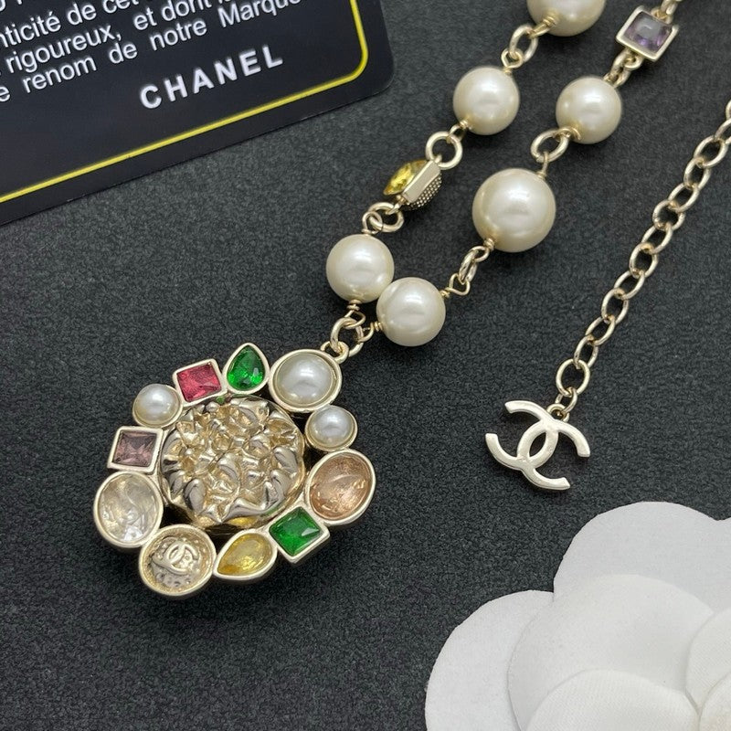18K Chanel Color Crystal Pearl Chain Necklace