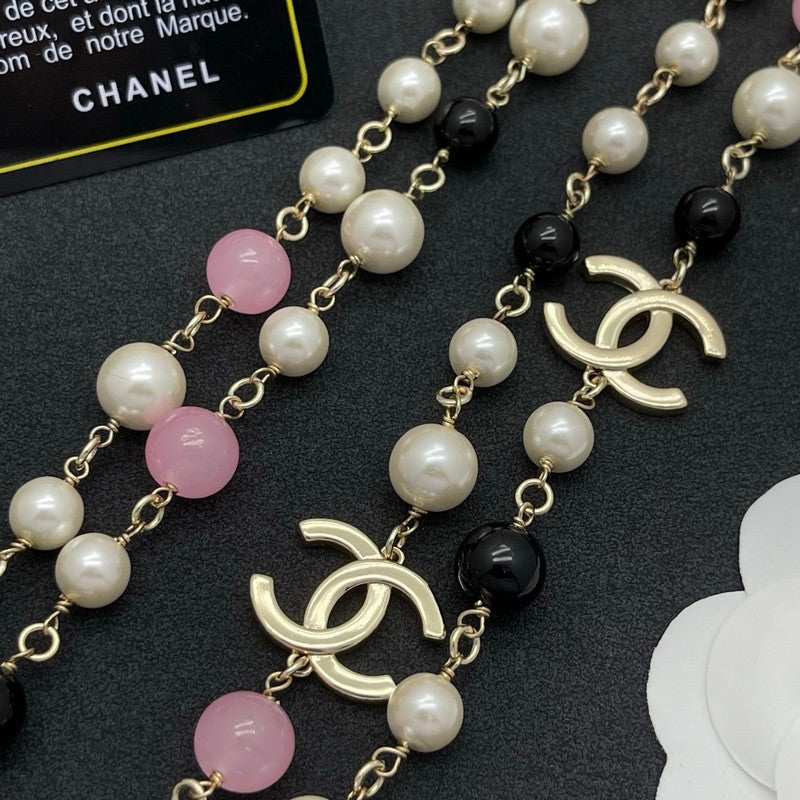 18K Chanel Black & Pink Bead Long Necklace