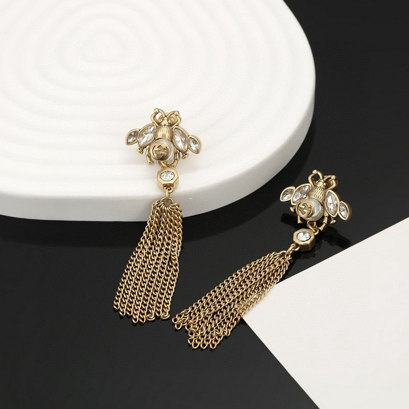 18K Gucci Bee Tassel Crystal Earrings