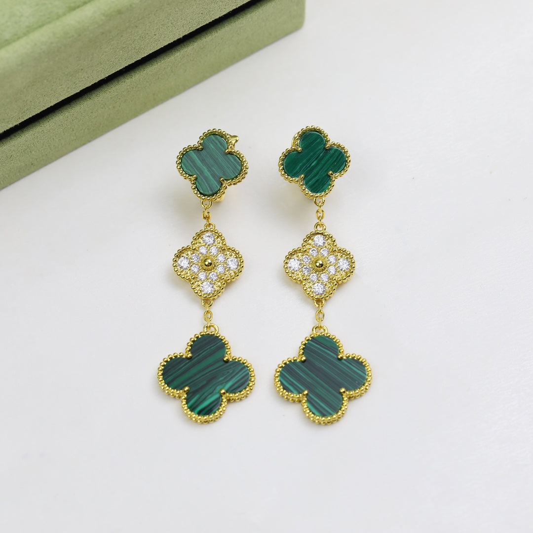 18K Van Cleef & Arpels Magic Alhambra Three Malachite Motifs Clover Earrings