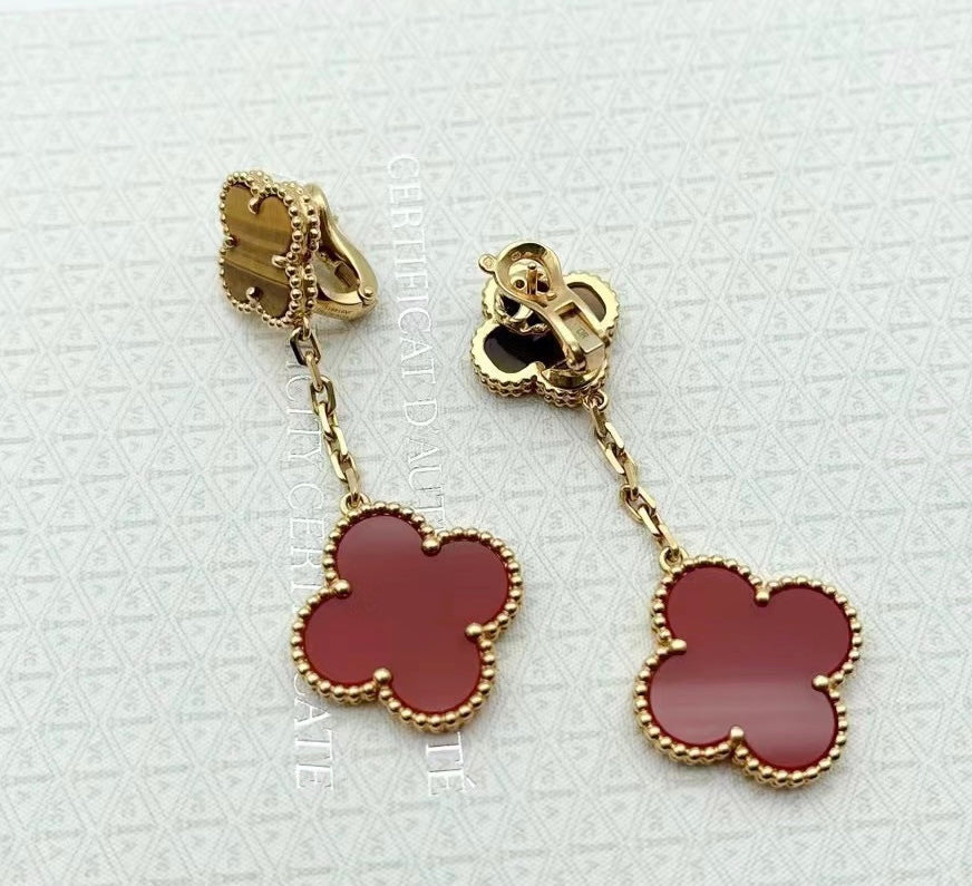 18K Van Cleef & Arpels Magic Alhambra Carnelian & Tiger Eye Earrings