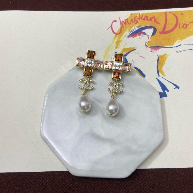 18K Chanel Red Cross Pearl Pendant Earrings
