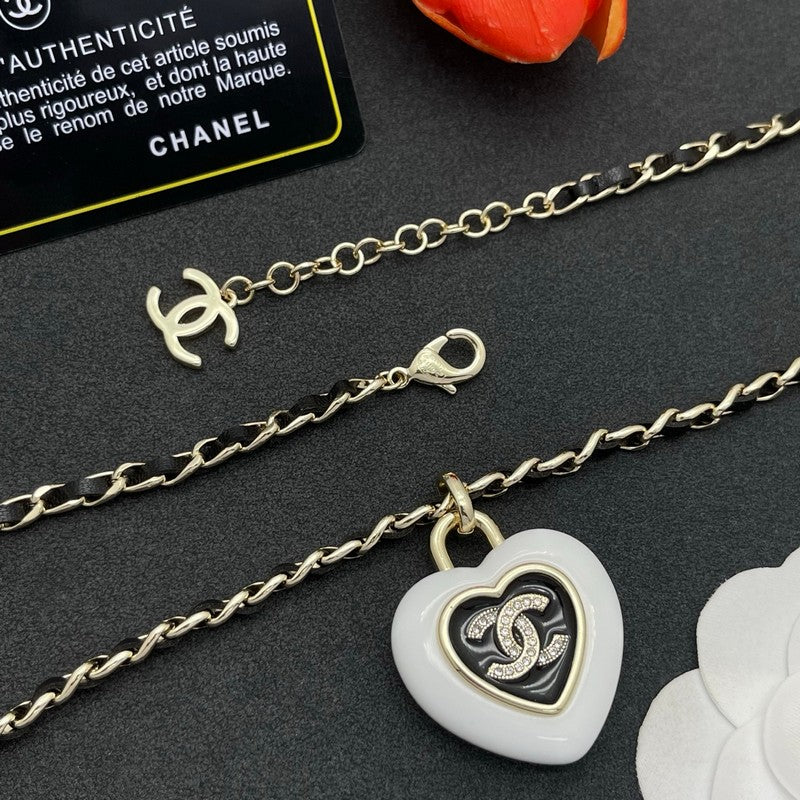 18K Chanel Black & White Heart Leather Necklace