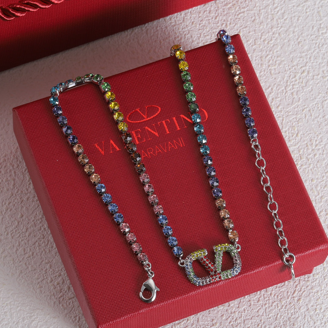 18K Valentino Vlogo Multi-Color Crystals Necklace