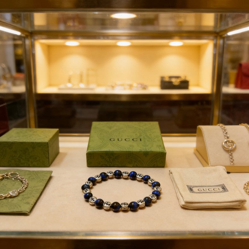 18K Gucci Anger Forest Blue Tiger's Eye Bead Chain Bracelet