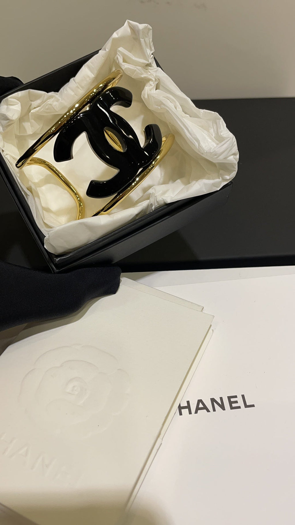 18K Chanel Black Logo Open Cuff Bracelet