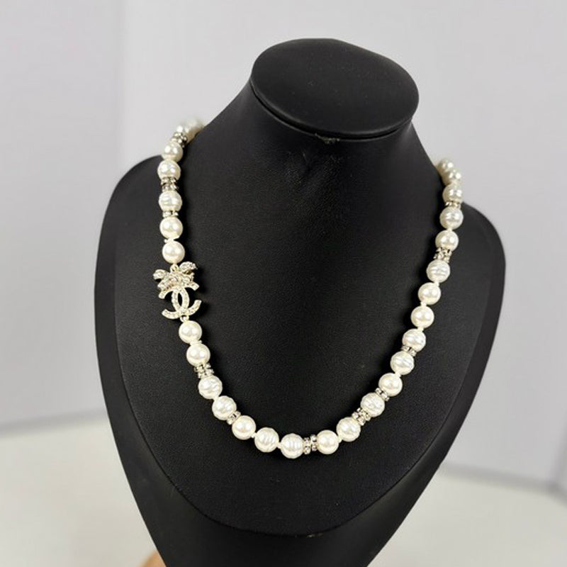 18K Chanel Bow Diamond Pearl Necklace