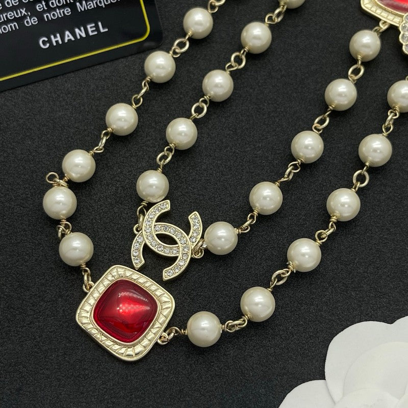 18K Chanel Red Crystal Pearl Long Necklace