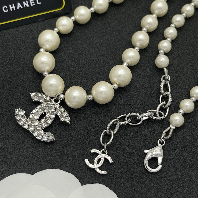 18K Chanel Pearl Diamond Logo Necklace