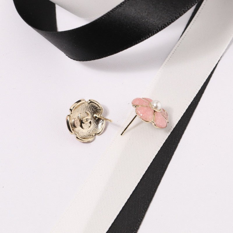 18K Chanel Black & Pink Camellia Earrings