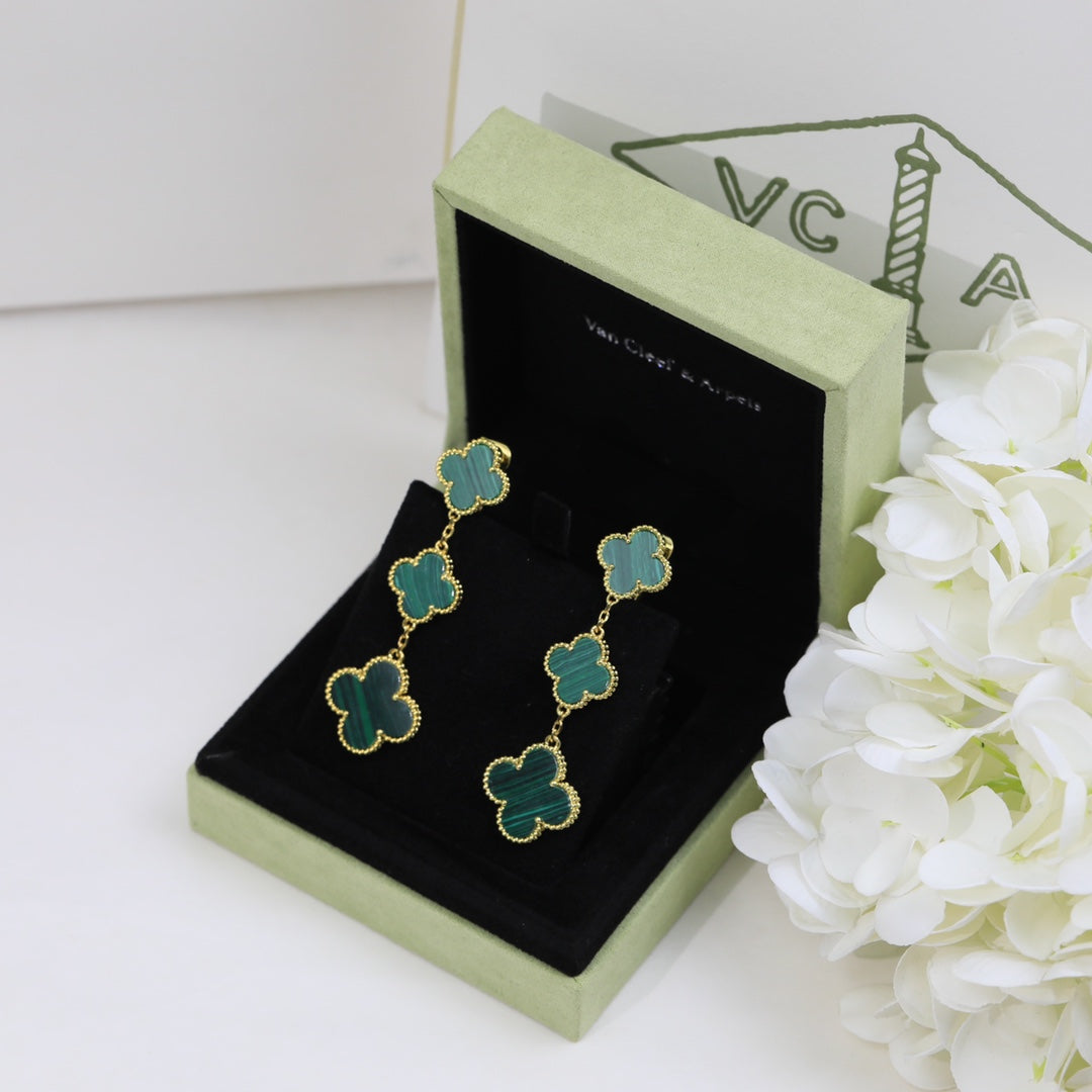 18K Van Cleef & Arpels Magic Alhambra Three Malachite Motifs Clover Earrings