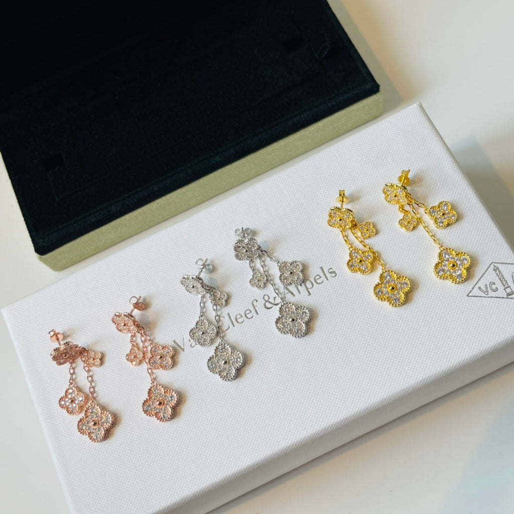 18K Van Cleef & Arpels Magic Alhambra Four Diamonds Motifs Clover Earrings