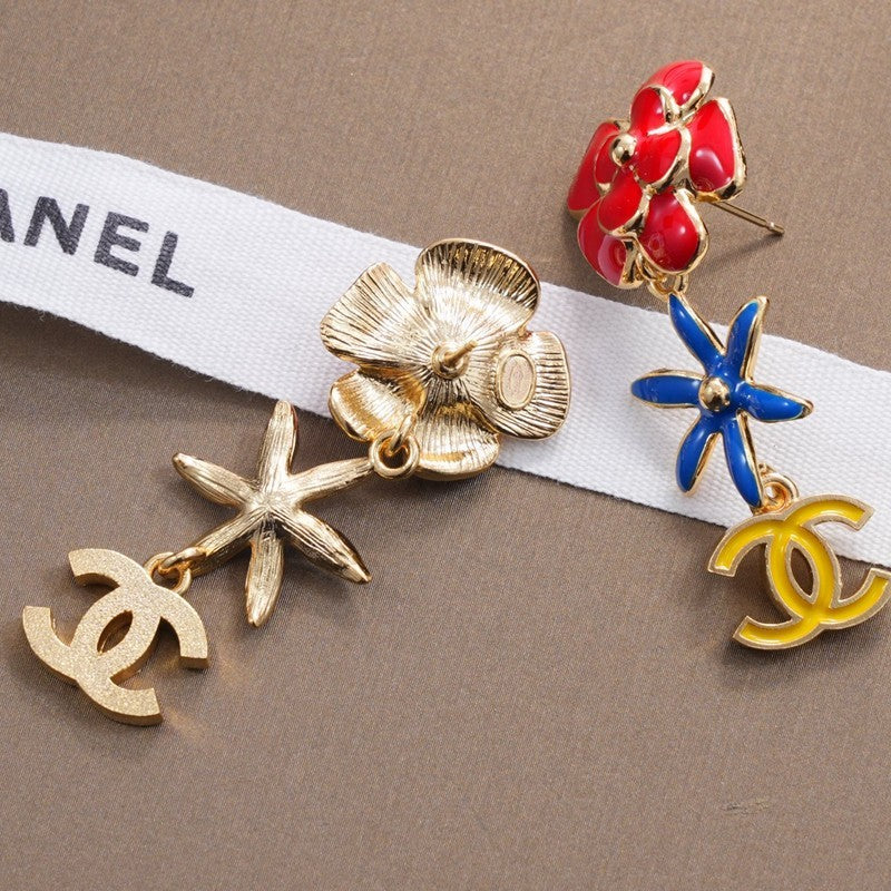 18K Chanel Blue & Red Flower Gold Earrings