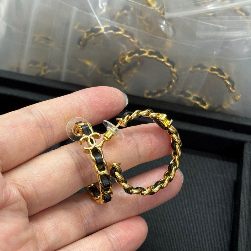 18K Chanel Black Leather Gold Earrings