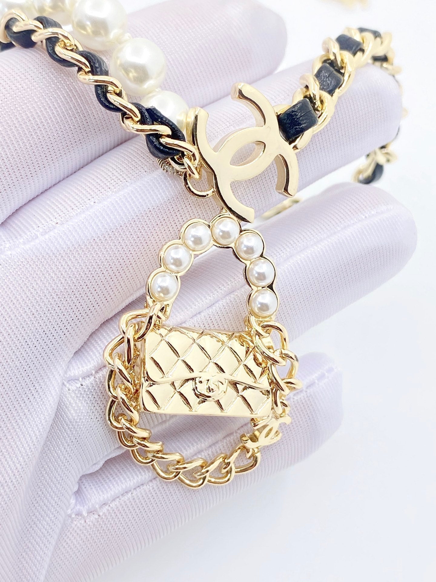 18K Chanel Pearl Bag Pendant Necklace