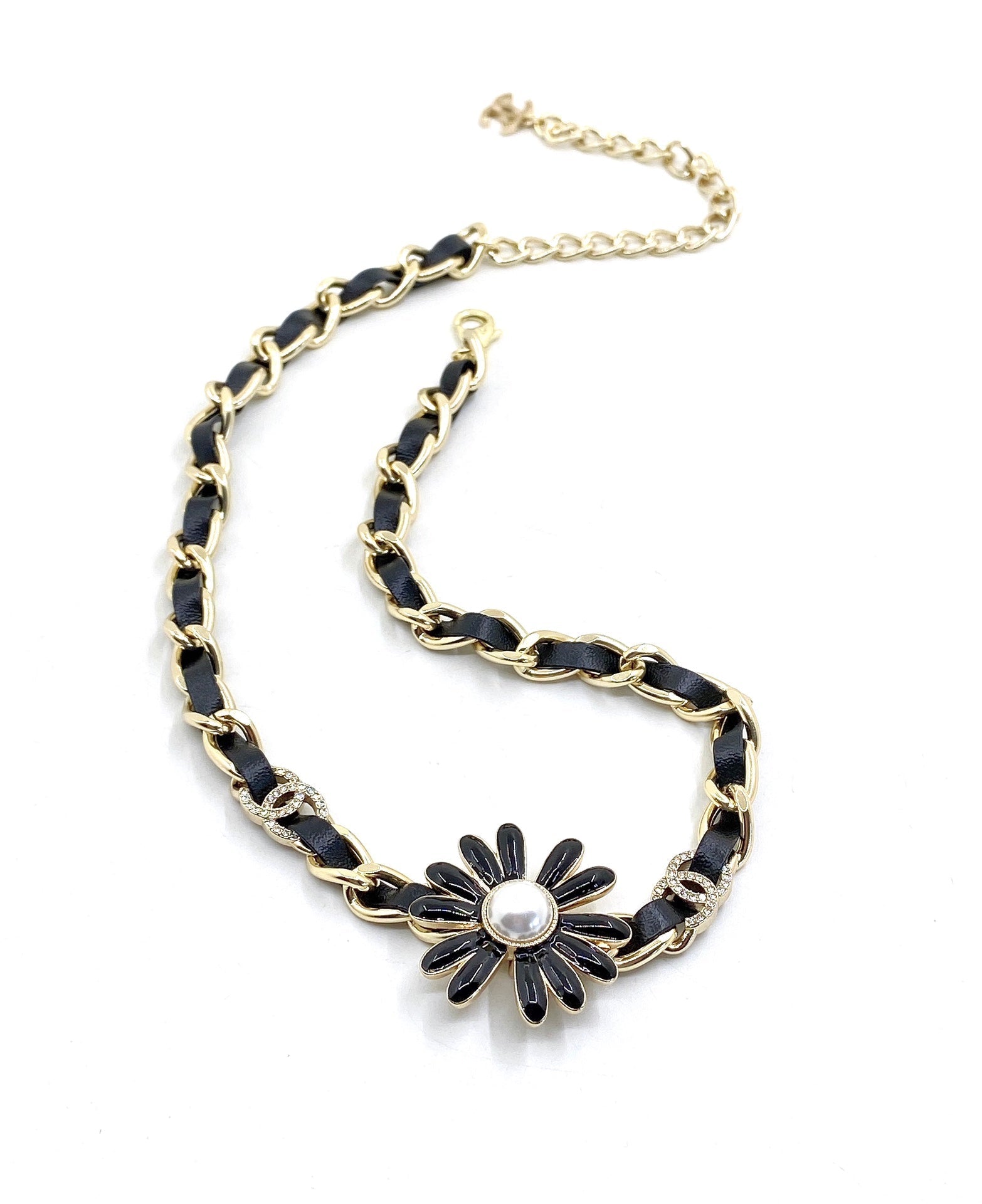 18K Chanel Flower Leather Choker Necklace