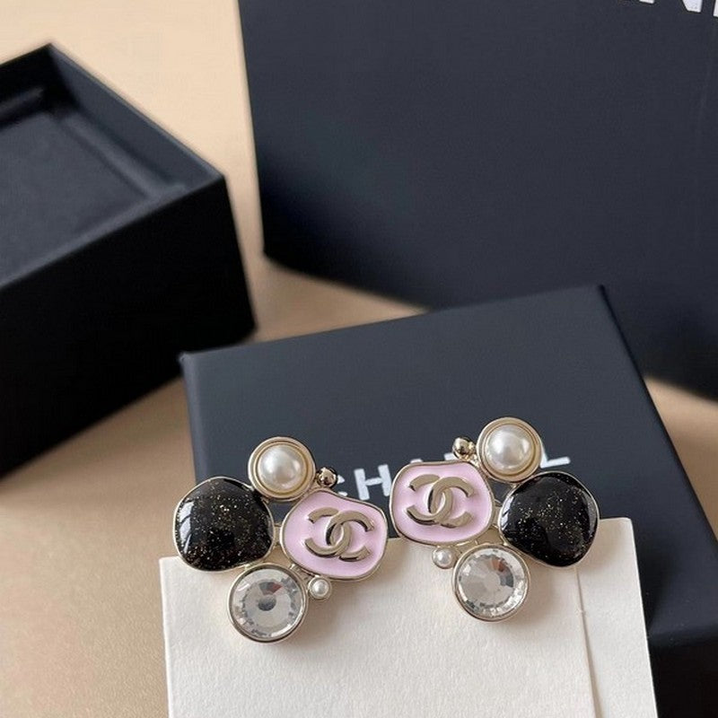 18K Chanel 25K Black & Pink Crystal Earrings