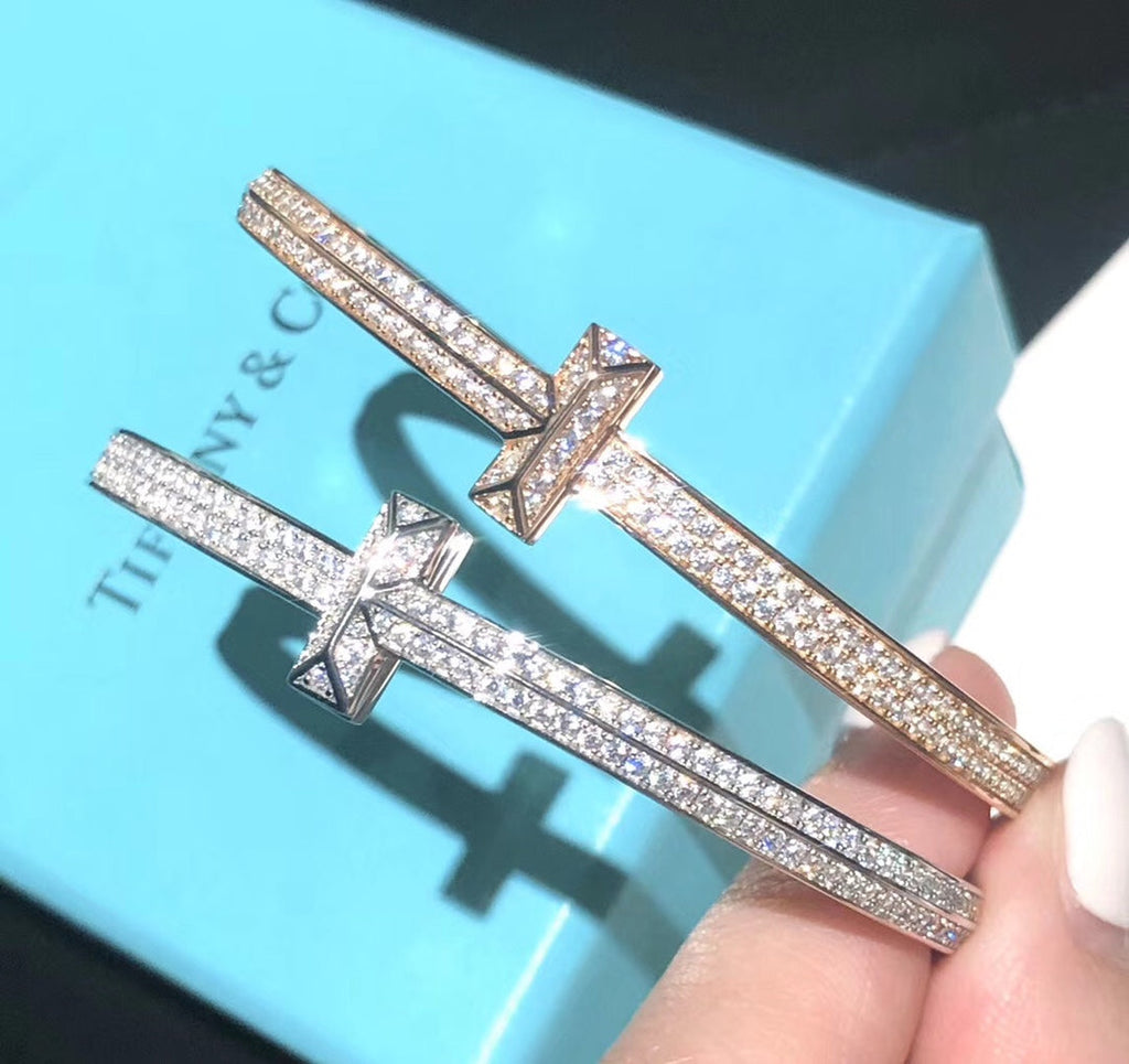18K Tiffany Wide Diamond Hinged Bangle Bracelet