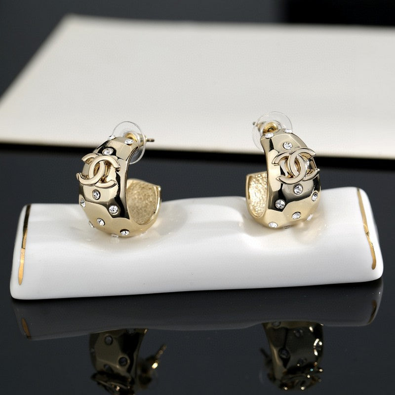 18K Chanel Half Circle Diamond Gold Earrings