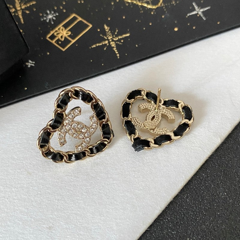 18K Chanel Black Leather Heart Gold Earrings