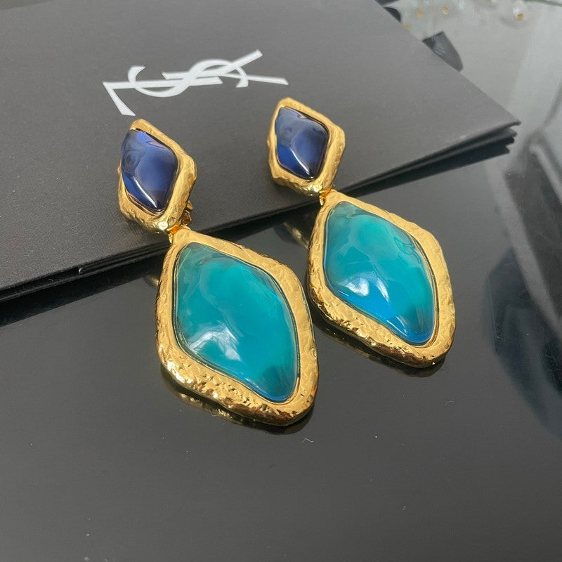 18K YSL Red & Blue Crystal Gold Earrings