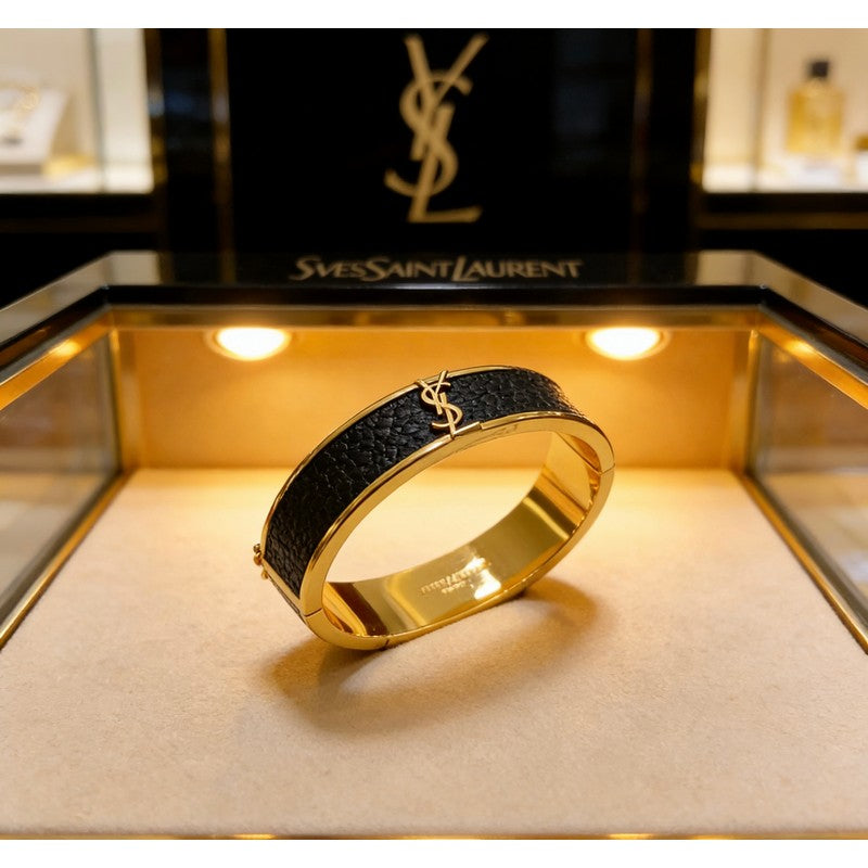 18K YSL Black Leather Gold Bracelet