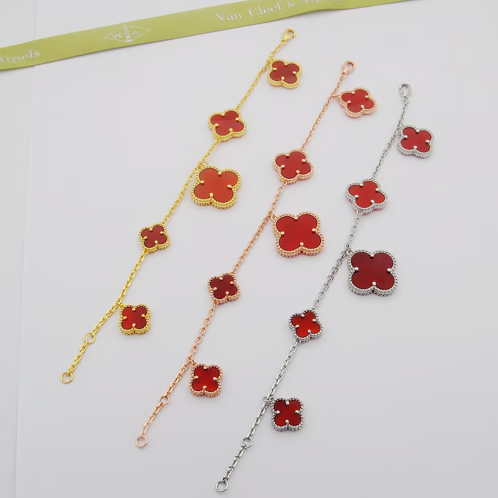 18K Van Cleef & Arpels Magic Alhambra Five Carnelian Motifs Clover Bracelet