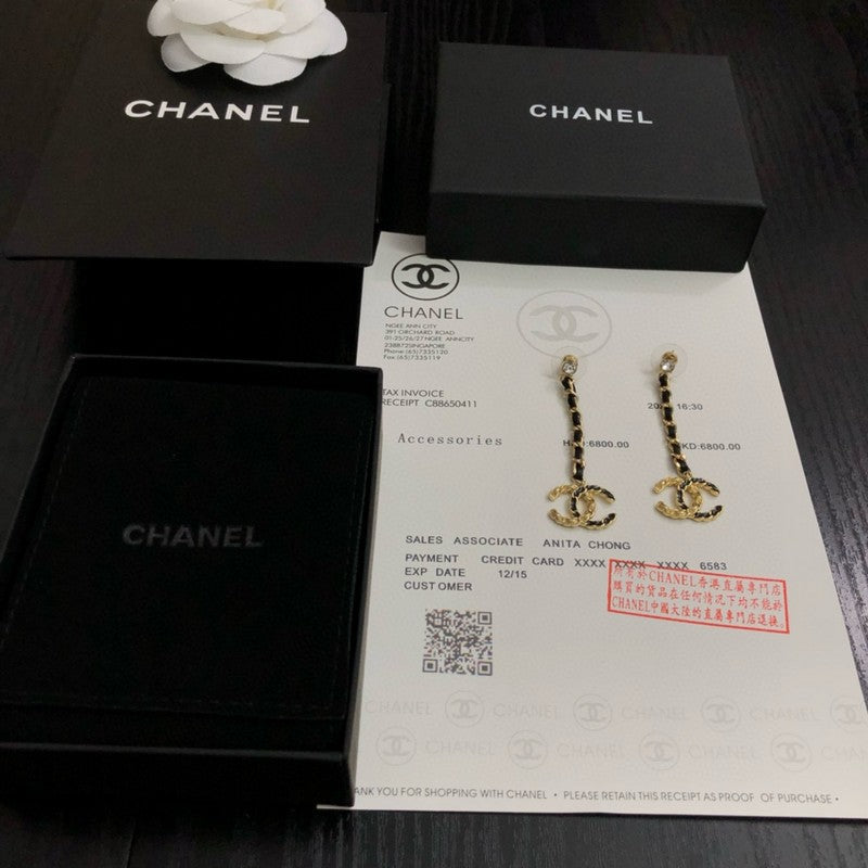 18K Chanel Leather Gold Long Earrings