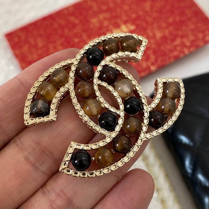 18K Chanel Red & Brown Pearl Gold Brooch