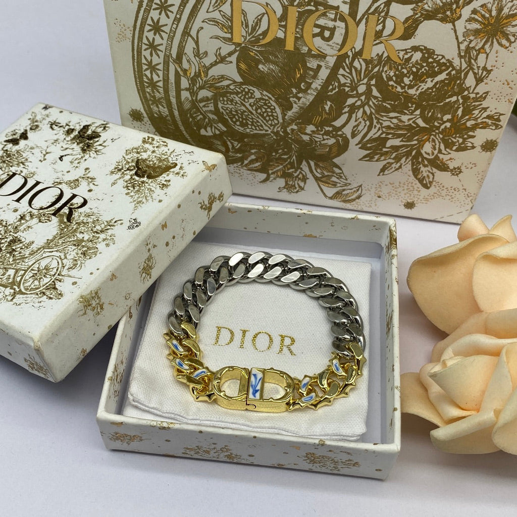 18K Dior Icon Chain Link Blue White Resin Bracelet
