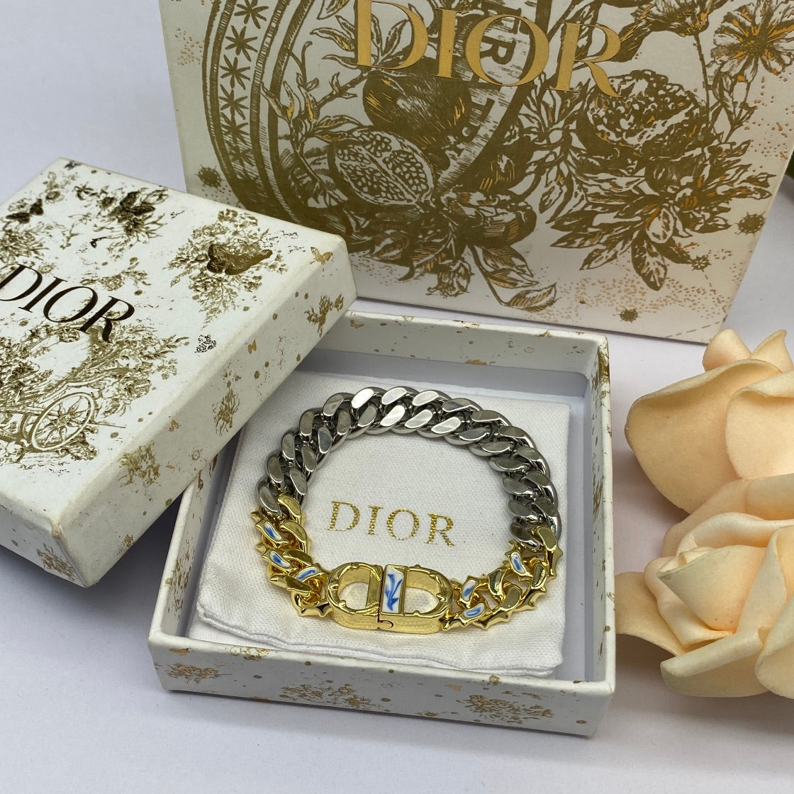 18K Dior Icon Chain Link Blue White Resin Bracelet