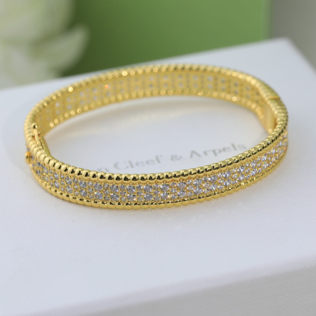 18K Van Cleef & Arpels Yellow Gold Perlee Diamonds Three Rows Bracelet